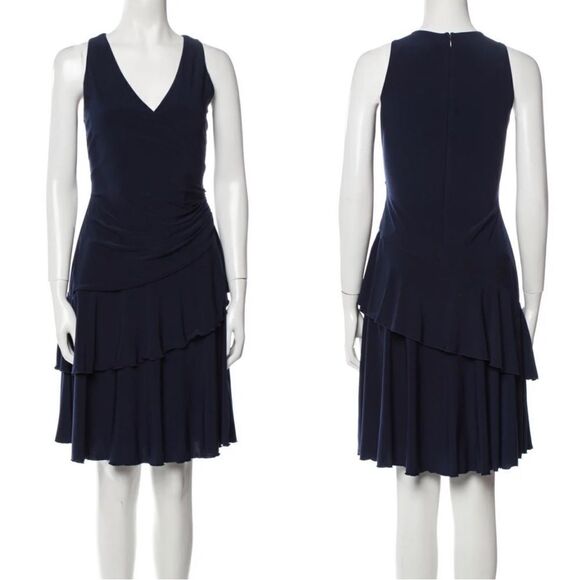 Luxe by Carmen Marc Volvo Drape Front Sleeveless Tiered Navy Midi Dress Sz 22 - Picture 1 of 9